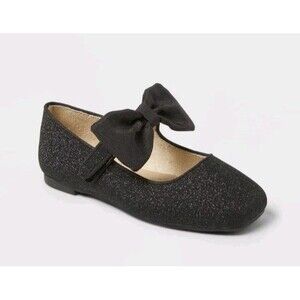 Cat & Jack Toddler Girls Juni Black Glitter Mary Jane Bow Flat Square Toe Ballet